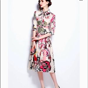 Women's 3/4 Sleeve Floral Print Button up Dress